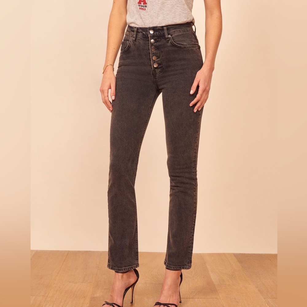 Reformation Liza Button Fly High Rise Straight Jeans in faded black